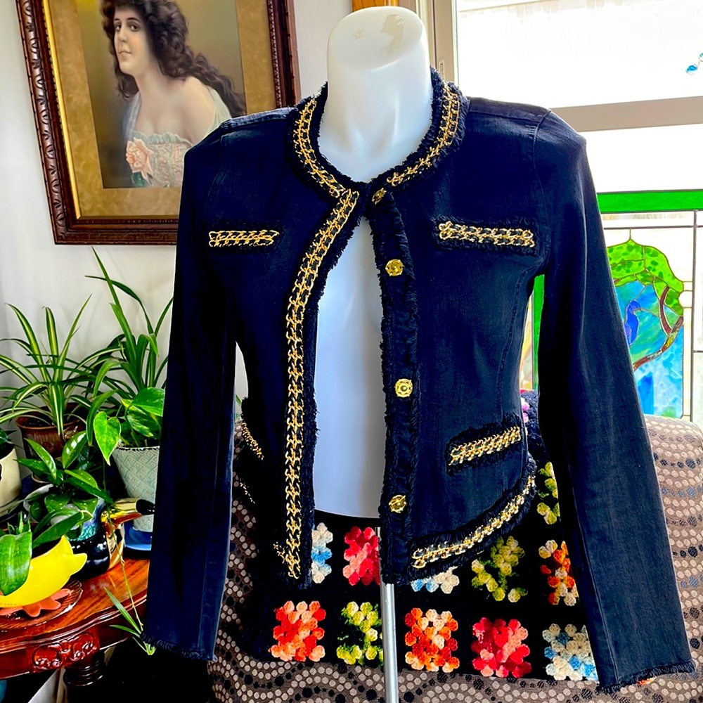 Black Denim Jacket with Gold Metal